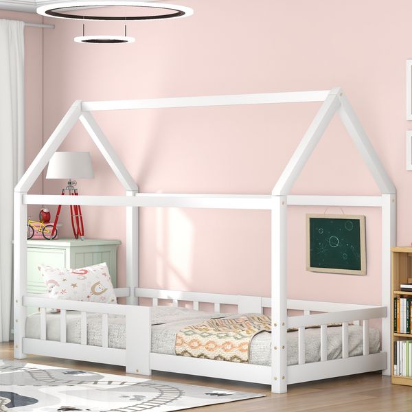 Hausbett 90×200 cm mit Rausfallschutz und Tafel, Weiß, ohne Matratze