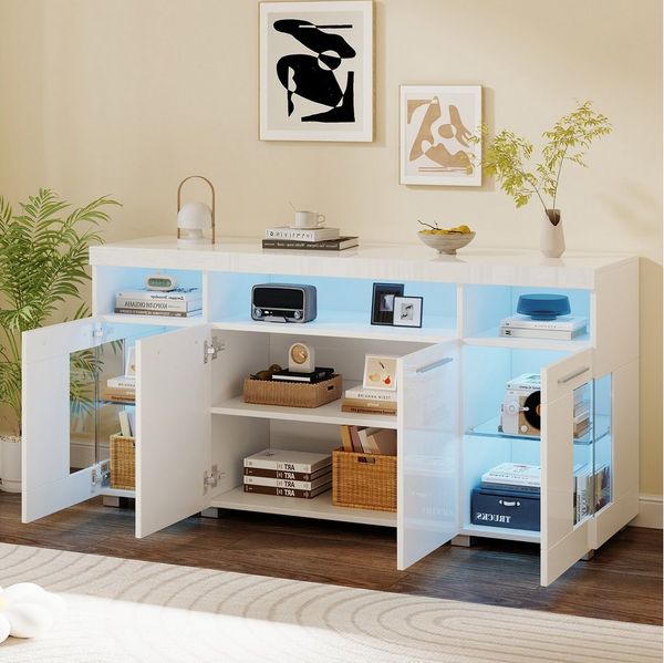 Merax Sideboard Buffetschrank mit LED-Beleuchtung (1 St), Kommode mit 3 Fächern, Glastüren und 6 Ablagen, Anrichte 140x40x70cm