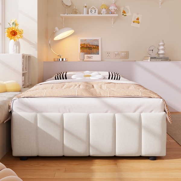 Polsterbett 90x200 cm, Leinen-MDF, mit hydraulischem Bettkasten, ohne Kopfteil, Beige