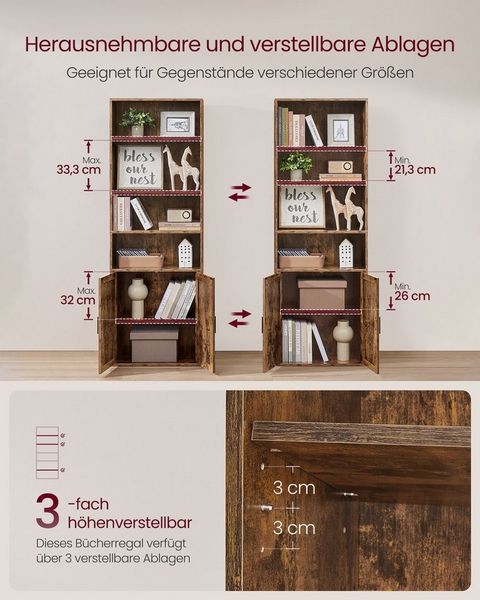 VASAGLE Bücherregal, 6-stöckiges hohes Regal, Standregal mit Tür und offenen Fächern