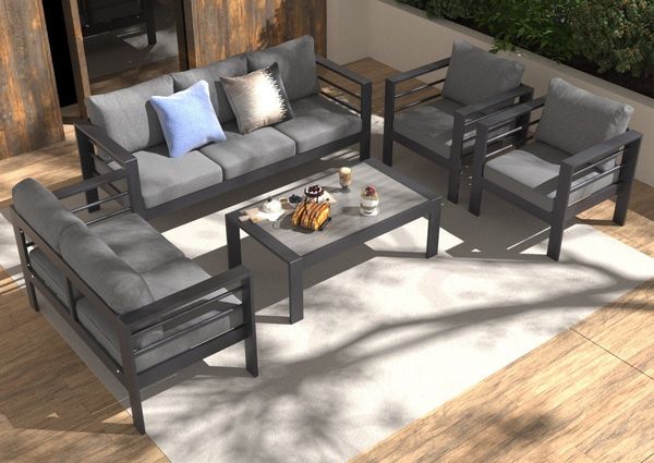 MeXo Gartenlounge-Set Gartenmöbel Set Aluminium wetterfest 6-7 Personen, (12cm Deluxe Relax-Sitzkissen, 5-tlg, Belastbarkeit pro Sitzplatz 140kg), outdoor Gartensofa mit Tisch, 8 cm breite Armlehne