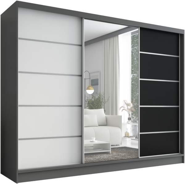Schwebetürenschrank, 3-türig Schrank 200 cm mit Spiegel AURELIA 1. Farbe: Eiche Kraft gold, schwarz, weiß