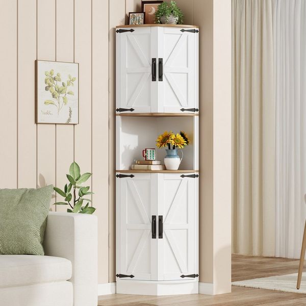 Flieks Eckschrank Hochschrank mit 5 Fächern und 4 Türen (Höhe 180 cm, 1-St) Mehrzweckschrank Eckregal Küchenschrank in Industrial Weiß