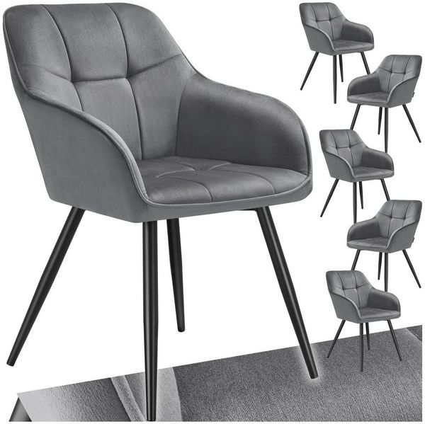 tectake Esszimmerstuhl Polstersessel gepolstert, in Samtoptik, gesteppt, 58 x 62 x 82 cm (Küchenstuhl Marilyn in grau/schwarz, 6 St), durchgehende Lehne, Stahlbeine, bodenschonend, Belastbarkeit 120 kg