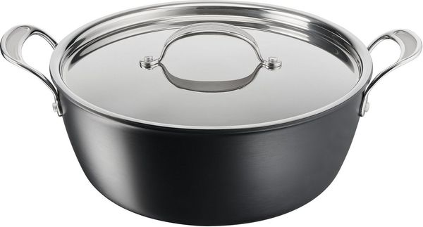 Tefal Jamie Oliver Batch-Cooking Set, Harteloxierter Kochtopf Induktion 30 cm, Antihaftversiegelung, für große Mengen, Thermo-Signal bei idealer Brattemperatur, Edelstahl/Schwarz, H91254