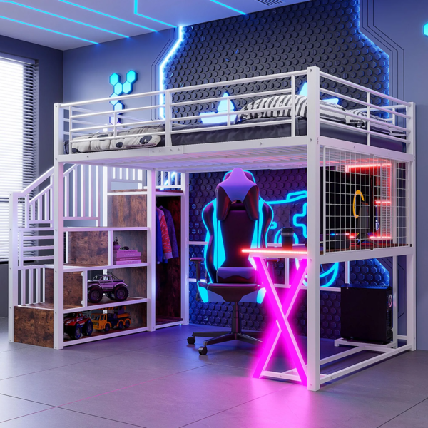 Hochbett mit Schreibtisch und LED-Beleuchtung, 140x200 cm, Treppe mit Regal und Kleiderschrank, Kinderbett mit Rausfallschutz, Metallbett