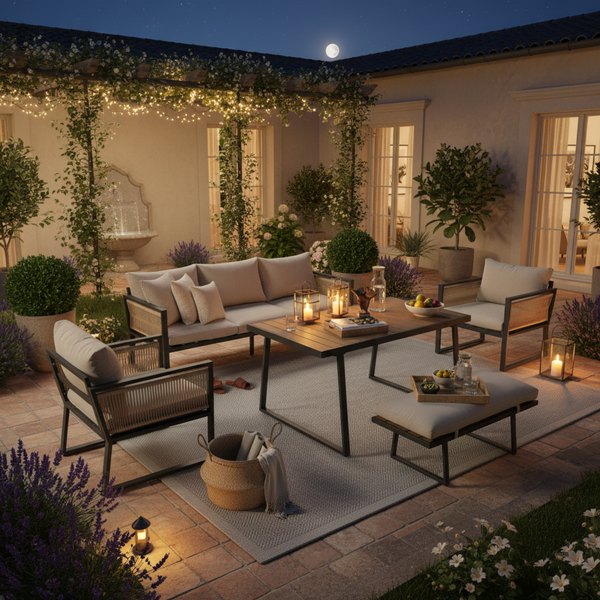 Merax Gartenlounge-Set 6 Personen, Loungegartenmöbel Balkonmöbelset 5 Teilig, Terassenmöbelset aus Seil mit Hocker & Gartentisch, Sofagarnitur Beige