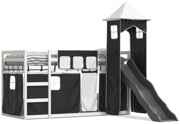 vidaXL Etagenbett mit Rutsche und Gardinen Weiß und Schwarz 90x200 cm 3284191