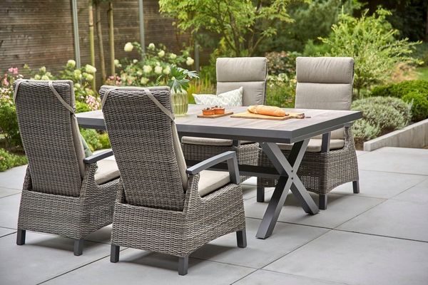 Siena Garden Garten-Essgruppe Corido, (5-tlg, 4 Sessel: 76x62x109 cm, Tisch Sincro: 200/260x100x77 cm), Aluminium, Keramik, verstellbar, ausziehbar, Inkl. Auflagen