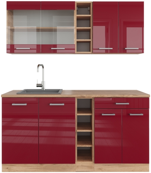 Singleküche R-Line Rot Hochglanz/Goldkraft Eiche 160 cm ohne Arbeitsplatte Vicco