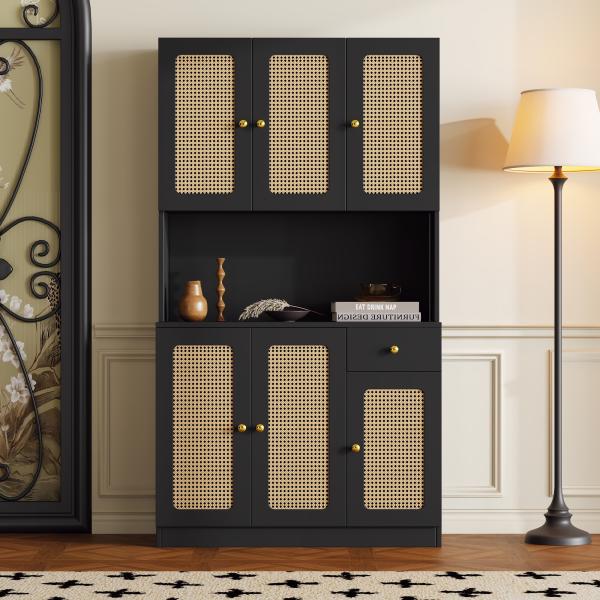 Merax Hochschrank mit Schublade und 6 Rattantüren Highboard mit Einlegeböden, Mehrzweckschrank, Küchenbuffet, Bücherschrank, Schwarz