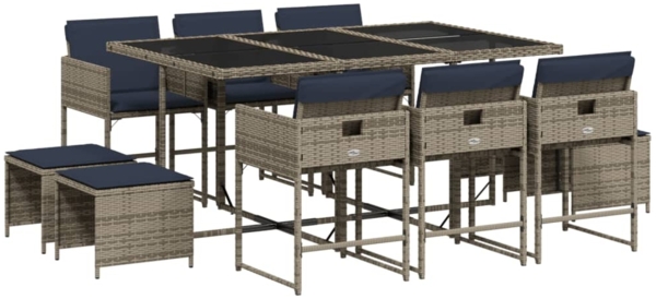 vidaXL 11-teiliges Garten-Ess-Set mit Kissen, grau, Polyrattan 3278100