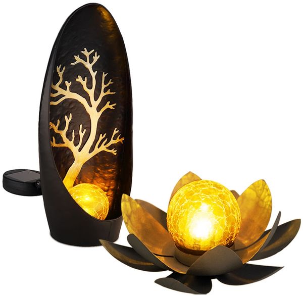 2er LED Solarleuchten, Baum, Lotusblüte, Akku, Crackleglas