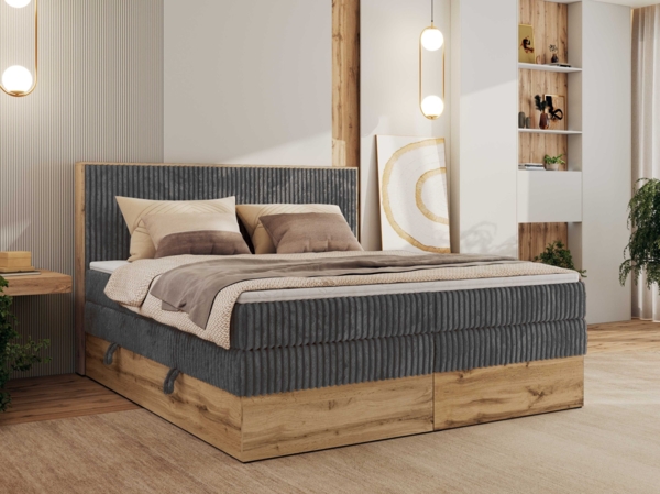 Boxspringbett, Set mit zwei Multipocket-Matratze und Topper, hohe Kopfteil, Eiche Wotan Holzrahmen - WOOD CLASSIC KING - 180 x 200 cm - Grau Cord - H3
