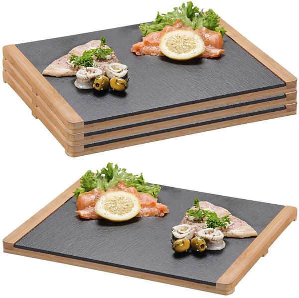 4 Buffetplatten, Schiefer mit Bambusrahmen - 34 x 26cm