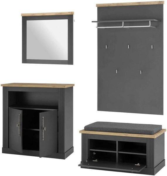 OTTO home Garderoben-Set WESTMINSTER, (4-St, Schuhbank, Spiegel, Kommode, Wandpaneel), im romantischen Landhausstil