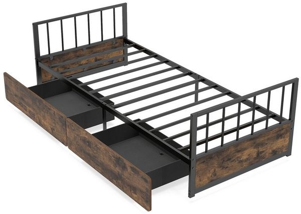 COSTWAY Bettgestell (1-tlg), Metallbett mit 2 Schubladen, Lattenrost, 90x200 cm