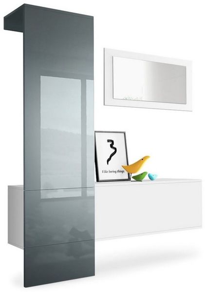 Vladon Garderobe Carlton Set 4, Garderobenset bestehend aus 1 Garderobenpaneel, 1 Schrankmodul und 1 Wandspiegel, Weiß matt/Grau Hochglanz (156 x 193 x 35 cm)