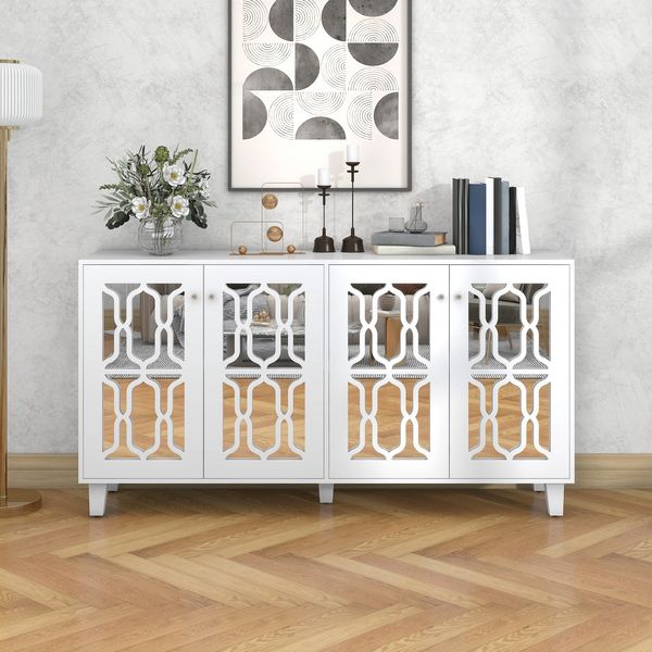 Weiß verspiegelte Anrichte mit kühlen Kristallgriffen, Vier Türen, mit beweglichem Laminat.für Wohn- und Esszimmer, 160 x 40 x 84 cm
