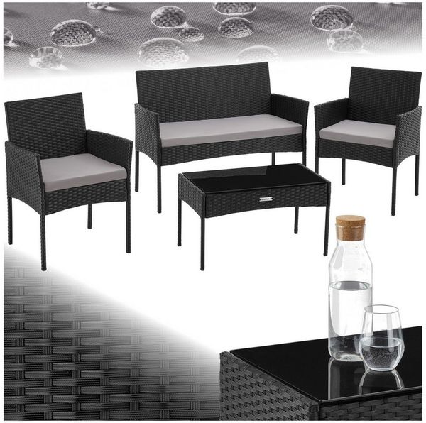 tectake Sitzgruppe Rattan Gartenset für 4 Personen, Sofa 250 kg, je Sessel 120 kg, (Loungeset Palese, 4-tlg, für Außen in Schwarz), abnehmbare Polyesterbezüge, wetterfest, mit Sicherheitsglasplatte
