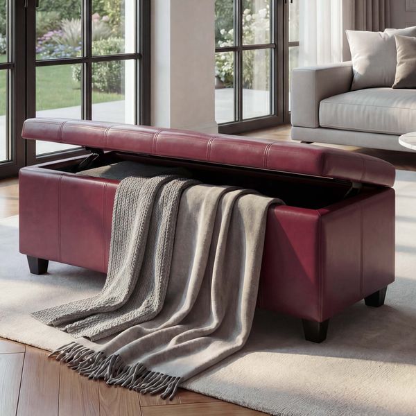 Aufbewahrungs-Truhe Sitzbank Kriens, Leder + Kunstleder, 112x45x45cm FSC®-zertifiziert ~ rot