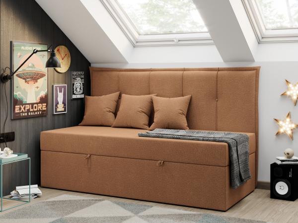 Kinderbett BANCO, Boxspringbetten für Kinderzimmer, Jugendbett, Einzelbett mit Matratze - Orange Stoff - Topper T25