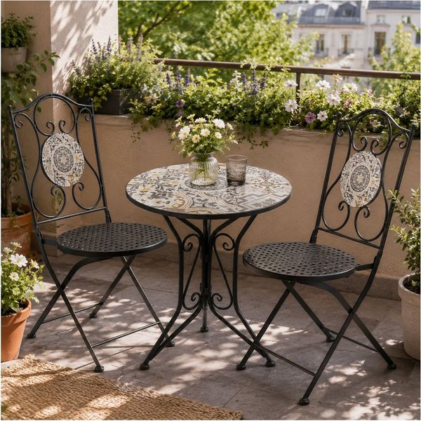 HTI-Living Garten-Essgruppe Sitzgruppe Metall Bistro Set mit Motiv Algier für Balkon und Terrasse, (Set, 3-tlg, 1 Tisch 2 Stühle), Sitzgruppe Essgruppe Balkonset