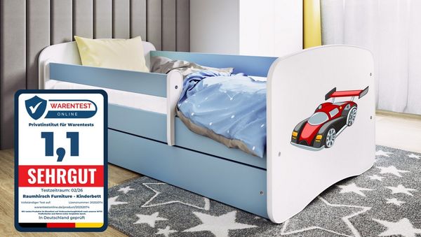 Raumhirsch Furniture Kinderbett 70x140, 80x160, 80x180 cm - Komplettset mit Matratze & Schublade (Bett für Mädchen, Einzelbett für Kinder von 2-12 Jahren, Rausfallschutz und Lattenrost), verschiedene Farben & Designs