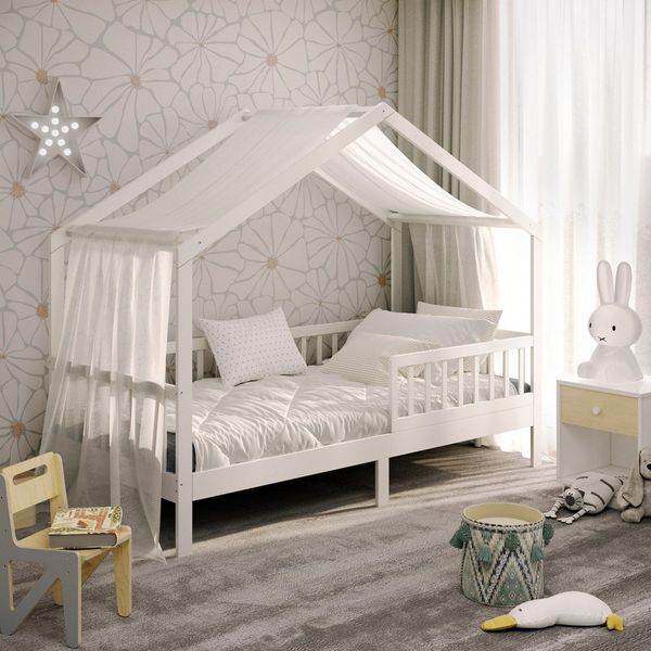 CADANI Kinderbett Hausbett Davi (Rausfallschutz abnehmbar), Bodenbett Hausbett mit Roll-Lattenrost