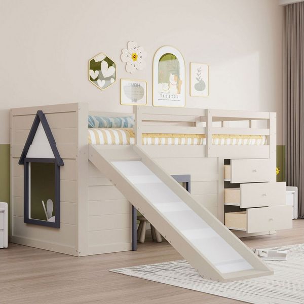 Merax Hochbett mit Rutsche und Stauraum (213 x 95 x 107cm, 1-St, Jugendbett Einzelbett Hausbett) Kieferholz Kinderbett 90x200cm mit Schubladen, Leiter und Lattenrost