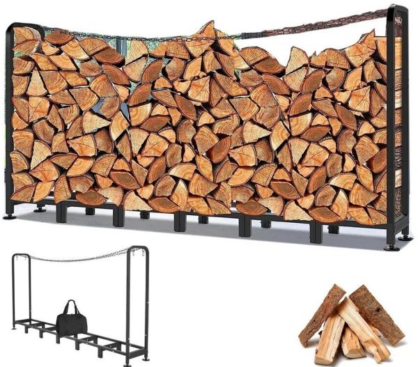 LUCKZON Kaminholzregal für Außenbereich, Holz robuster Stahl Kaminholz Holz Metall, BxTxH:240x50x115 cm, Garten Kaminholzunterstand, Kaminholzlager Stapelhilfe