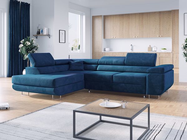Ecksofa L-Form Couch mit Schlaffunktion und Verstellbare Kopfstützen - GUSTAW - Dunkelblau Velours - Links