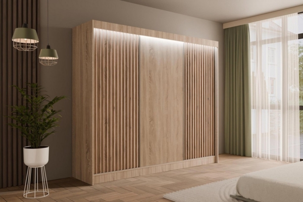 ALTDECOR Schiebetürenschrank VILANv2 (Kleiderschrank Garderobenschrank mit viel Stauraum Moderner Schrank) Vielseitiger Schwebetürenschrank Lamellen LED Beleuchtung Bild 1