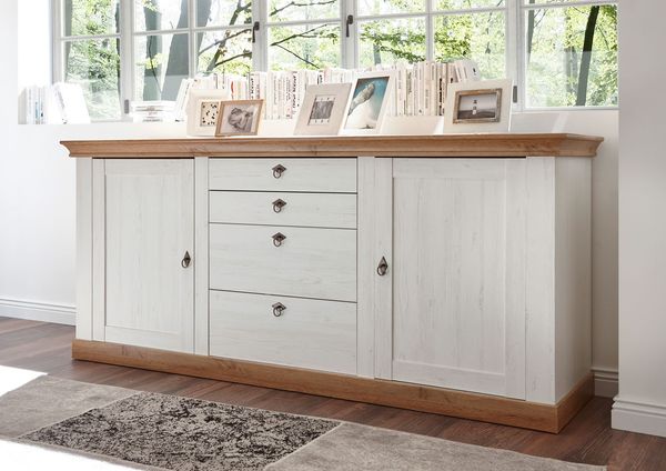 Landhaus Sideboard Kommode 210cm pinie weiß / wotan eiche Wohnzimmer
