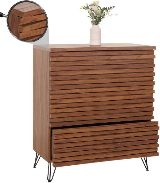 Kommode HWC-M49, Sideboard Schrank Highboard, 3D-Design 3 Schubladen Massiv-Holz Mango Metall 94x80x45cm ~ Walnuss-Optik