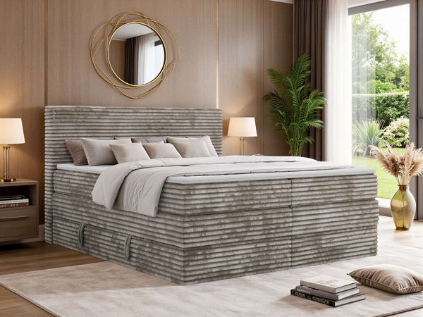 Boxspringbett TILION KING, Doppelbett 180 x 200 cm mit Stauraum & 7-Zonen Multipocket Matratze, inkl. Topper Visco - H3, Cord-Stoff Hellbraun