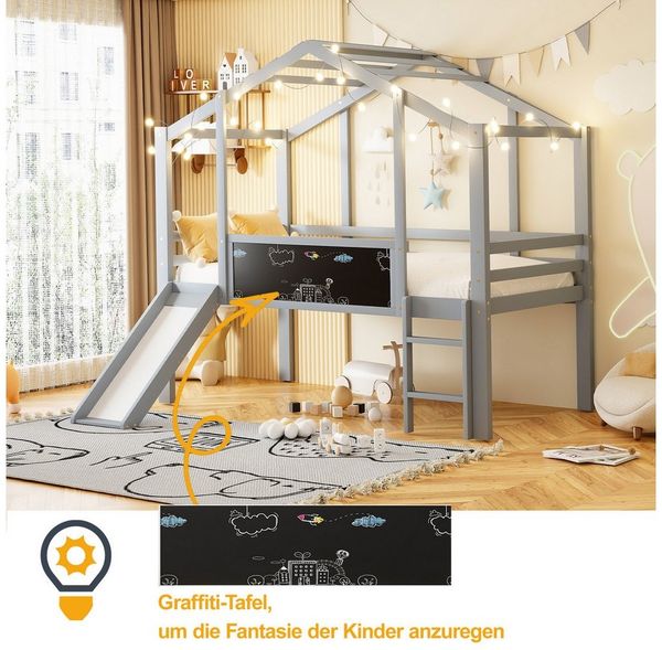 REDOM Kinderbett Massivholz-Hochbett im Spielhaus-Stil, mit Rutsche & Leiter (Holzbett, Kreativ-Tafel, 90×200 cm), ohne Matratze