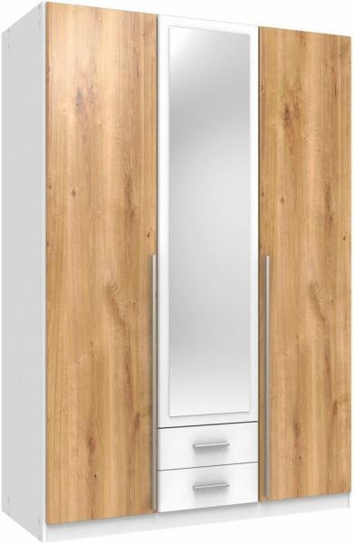 SKATE Kleiderschrank, Front und Korpus Weiß, mit Spiegel, Außentüren Plankeneiche Nachbildung
