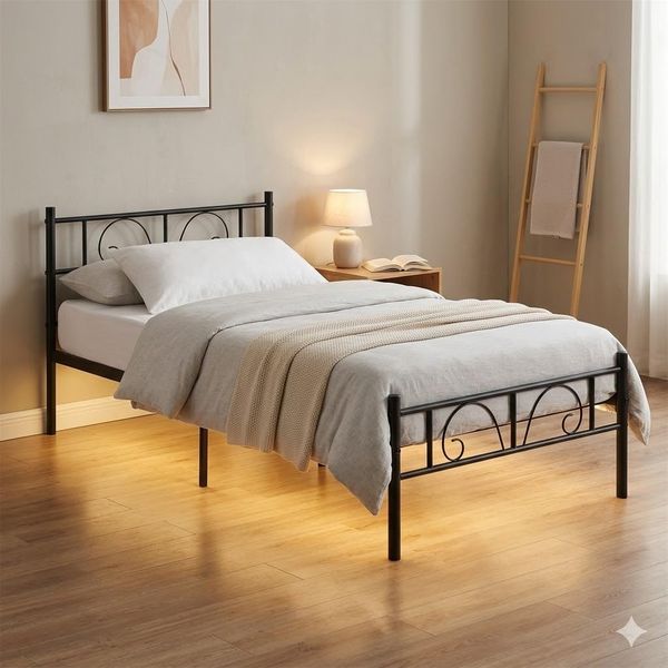 FurnitureR Metallbett 90x200 cm mit LED Beleuchtung, Einzelbett mit 25 Farben Lichtband, Stahlrahmen Bettgestell mit Lattenrost, Modernes Bett in Schwarz oder Weiß