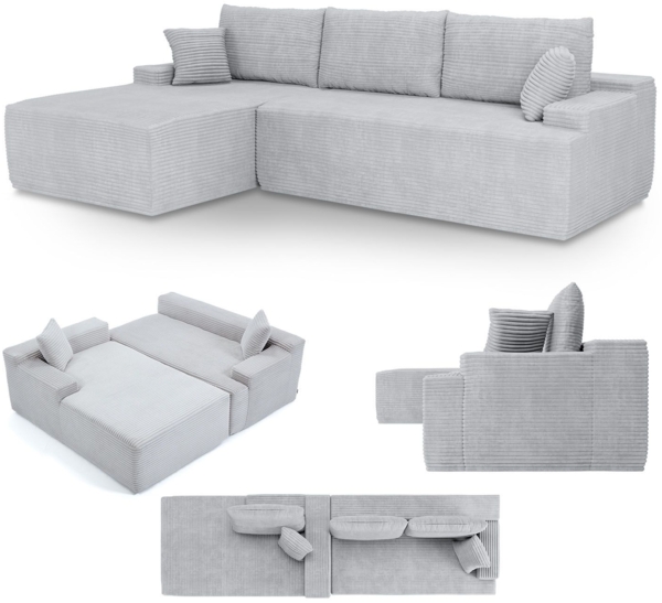 Juskys Sofa Coredo - modernes Cord Sofa mit Ottomane links, gemütliche Couch mit Schaumstoffpolsterung, Cordbezug & Kissen, modular - Hellgrau