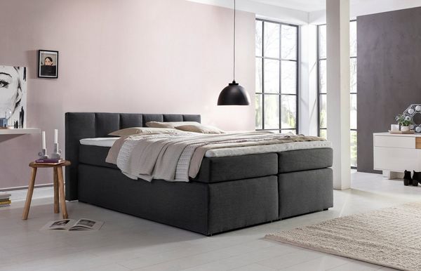 Furniture for Friends Doluna Valina Boxspringbett 180x200 cm H2/H3 in Anthrazit niedriges Kopfteil 90 cm Ideal für Dachschrägen inkl. Visco Topper + 7 Zonen Taschenfederkern-Matratze