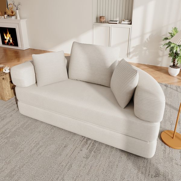 Gemütliches freistehendes Klappsofabett mit vielfältigen Funktionen, ovales Bett inklusive Kissen, flexibles modulares Sofa mit hochwertigem Cordstoff-Bezug, einsetzbar in Apartments, Wohnzimmern sowie Schlafzimmern, Beige, 88 x 173 x 60 cm