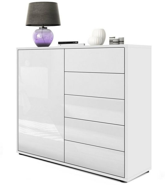 Vladon Sideboard Ben V2, Kommode mit 1 Tür und 5 Schubladen, Weiß matt/Weiß Hochglanz (79 x 74 x 36 cm)