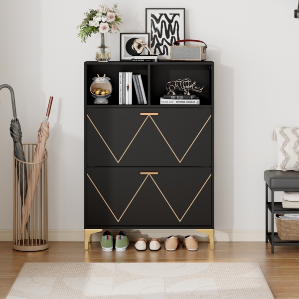 Schuhschrank-Set 2-tlg. Schwarz/Gold, ca. 160x25x117 cm, mit 8 Schuhfächern & erhöhten Beinen