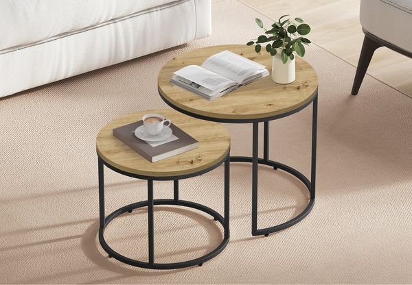 Home Collective Couchtisch 2er Set Beistelltisch Loft Design 2in1 Verschachtelung Wohnzimmer, kratzfeste Oberfläche 53cm und 43cm Artisan mit schwarzen Beinen, rund