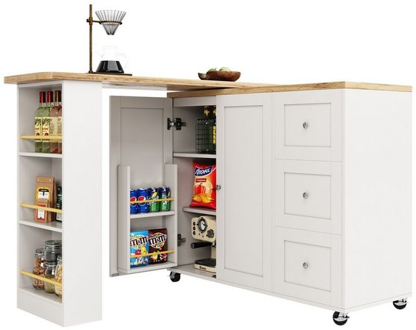 i@home Stehtisch Bartisch Kücheninsel 360°drehbar,Multifunktionaler Esstisch auf Rollen (Küchentheke mit viel Stauraum und drei Schubladen), Kommt mit Snackhalter. Multifunktionale Aufbewahrungsinsel, Weiß