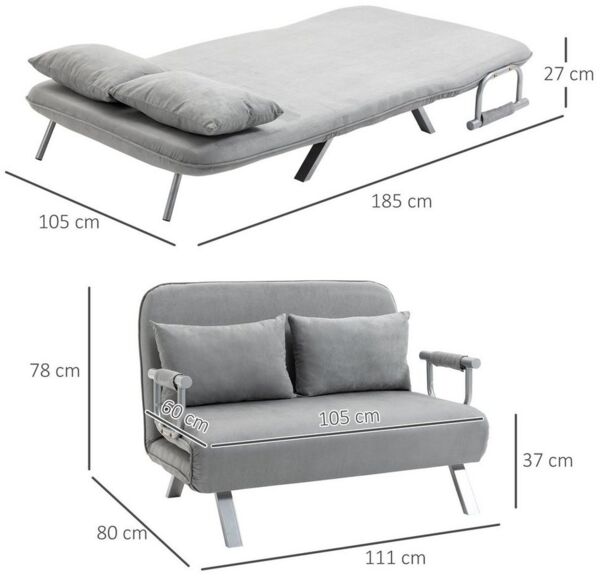 HOMCOM Schlafsofa Zweisitzer mit Bettfunktion, Einzelbett mit Kissen, Schlafcouch 1 Teile, für Wohnzimmer, Hellgrau Bild 2