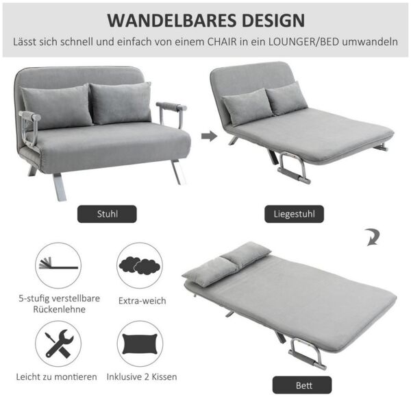 HOMCOM Schlafsofa Zweisitzer mit Bettfunktion, Einzelbett mit Kissen, Schlafcouch 1 Teile, für Wohnzimmer, Hellgrau Bild 3