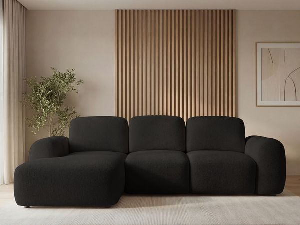 GRAINGOLD Ecksofa Avelin, Eckcouch für Wohnzimmer, L-Form mit Schlaffunktion und Bettkasten, Bouclé-Stoff, Schwarz, Links