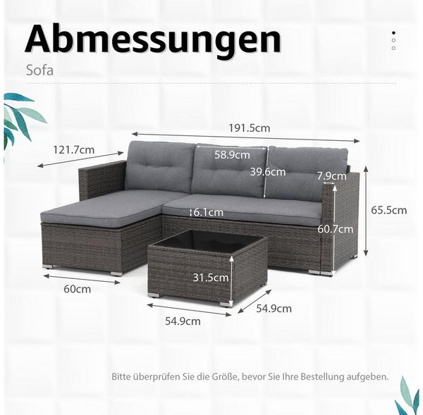JOIVI Gartenlounge-Set 3-tlg Gartenlounge Set, Gartensofa Set mit Couchtisch, (Outdoor Sitzgruppe für 3-4 Personen, Wetterfest&Stabil,Sitzecke für Garten, Terrasse, Hinterhof, Balkon), Grau Rattan&Grau Kissen